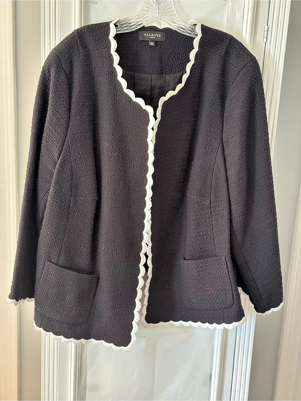 Talbots Black Tweed White Scalloped Trim Cotton Blazer Size 24W